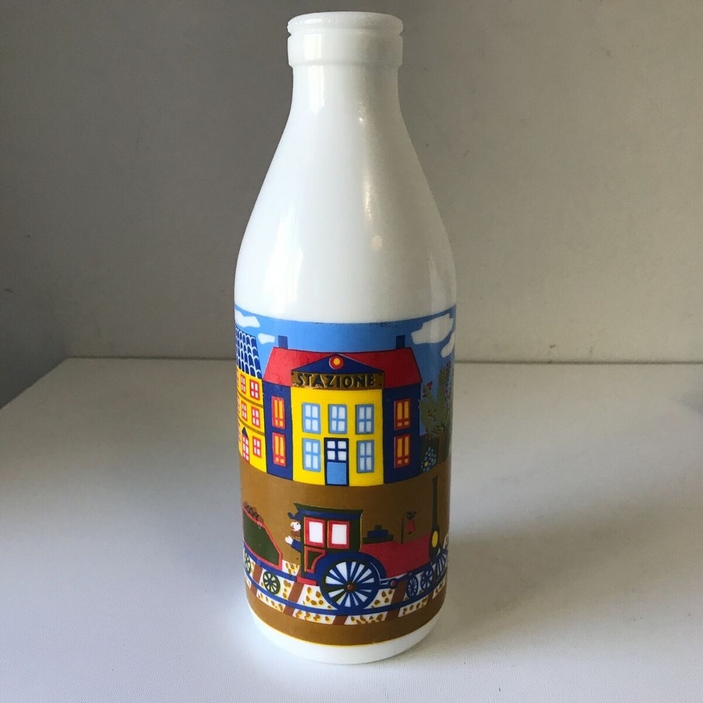 🔥🔥Vintage EGIZIA Italian Glass Milk Bottle w/Lid Train Station Stazione Bu…